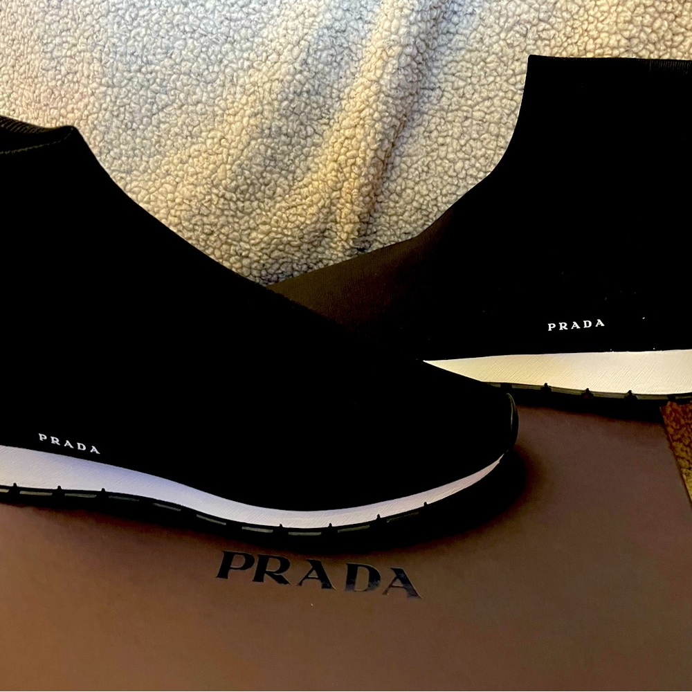 Prada black stretch boots, men’s size 12, never worn.  In original box.